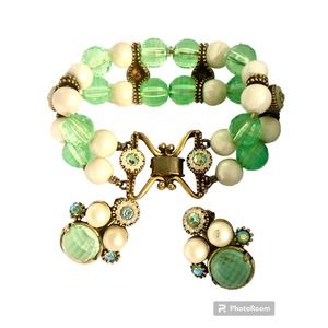 SELRO SELINI Signed Green faceted Pearls & AB Bracrelet &Earrings